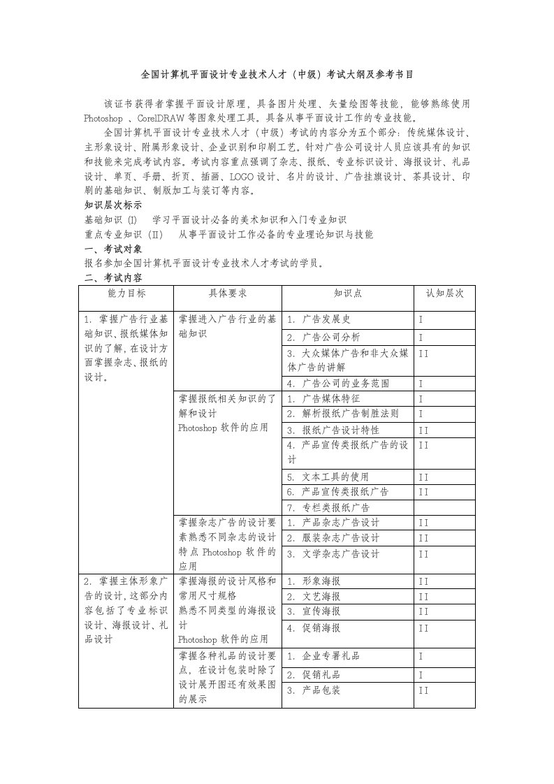 全国计算机平面设计专业技术人才考试大纲及参考