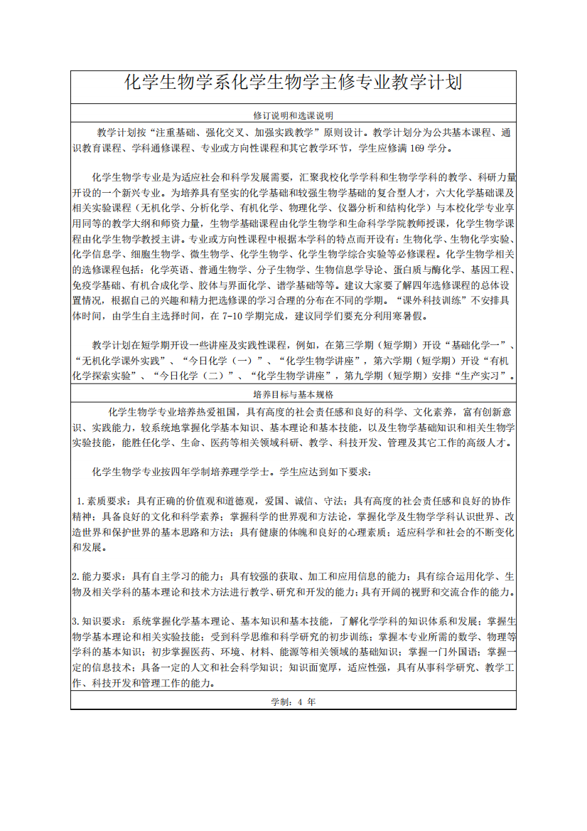 化学系化学主修专业教学计划-厦门大学化学生物学系