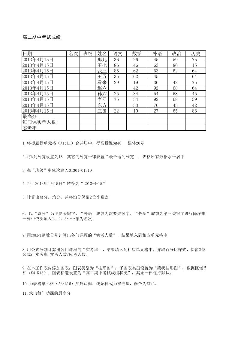 高中信息技术学业水平考试excel操作大汇总