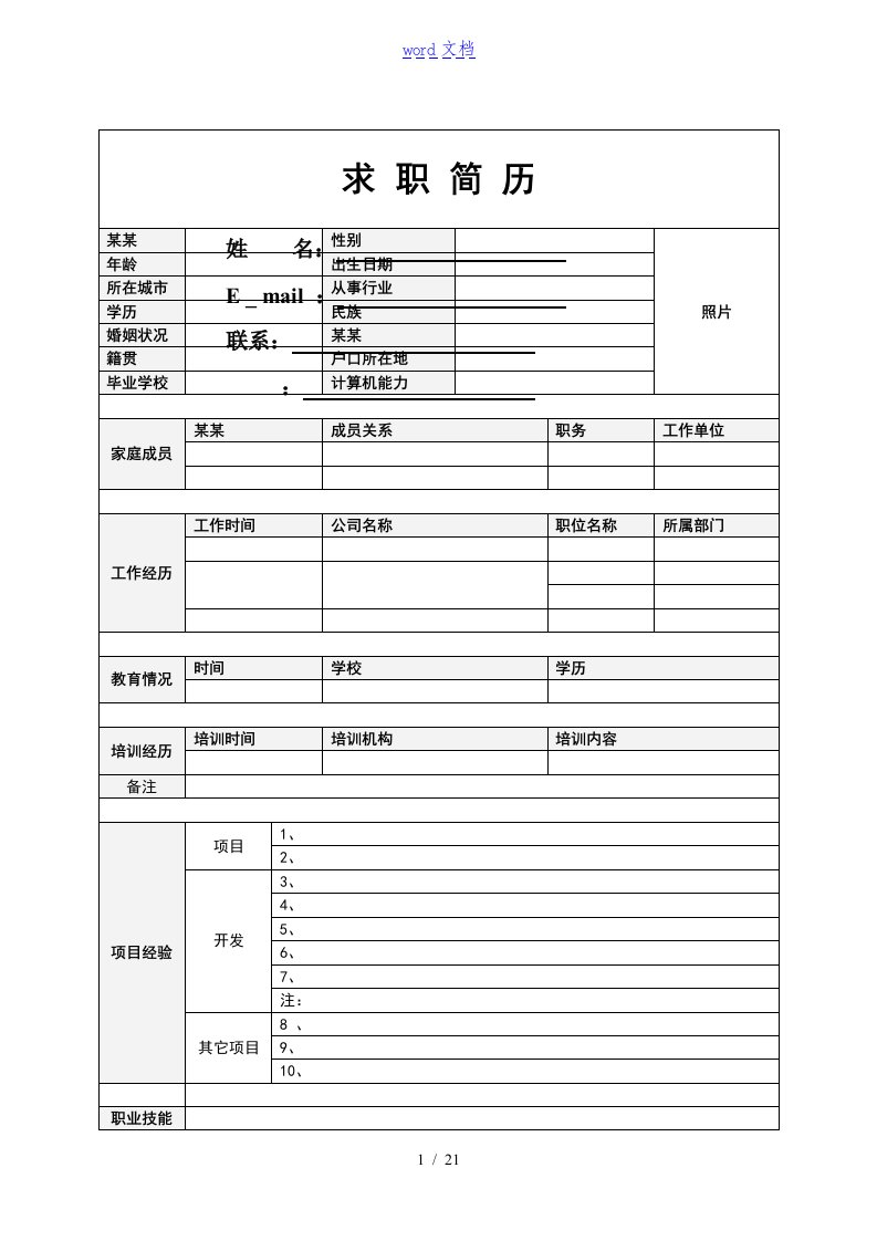 个人的简历实用模板下载word格式