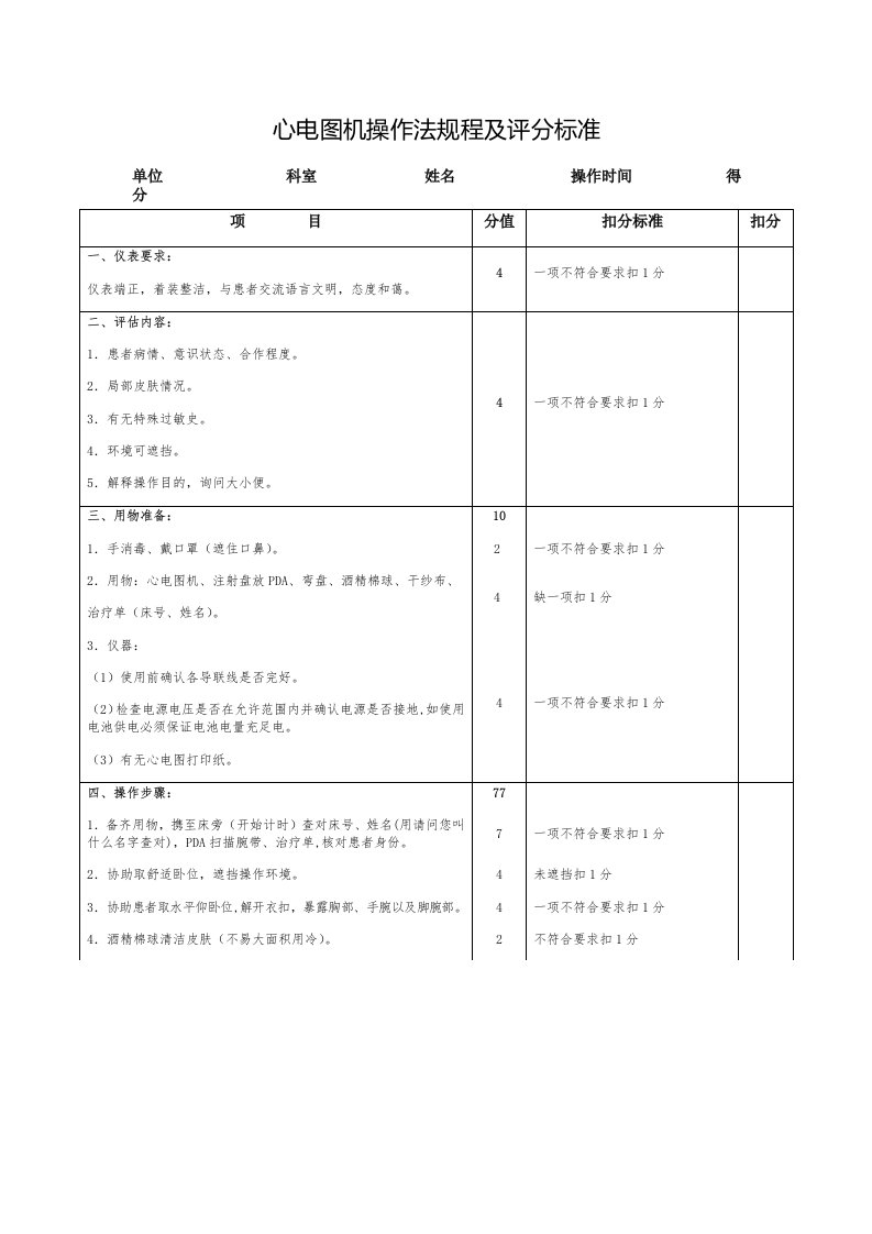 心电图机操作法规程及评分标准