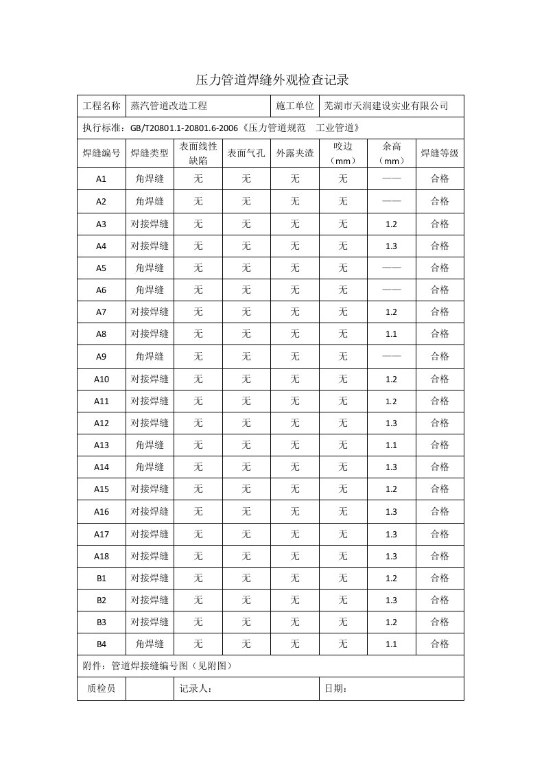 压力管道焊缝外观检查记录