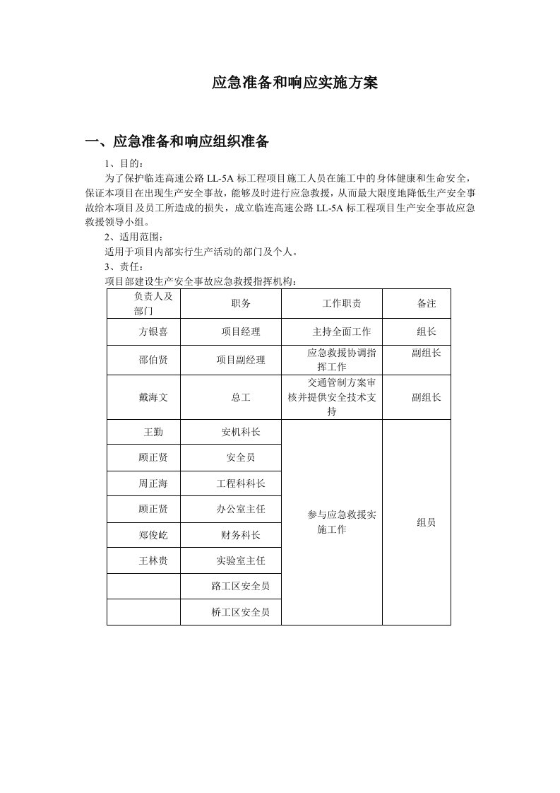 应急准备和响应实施方案去