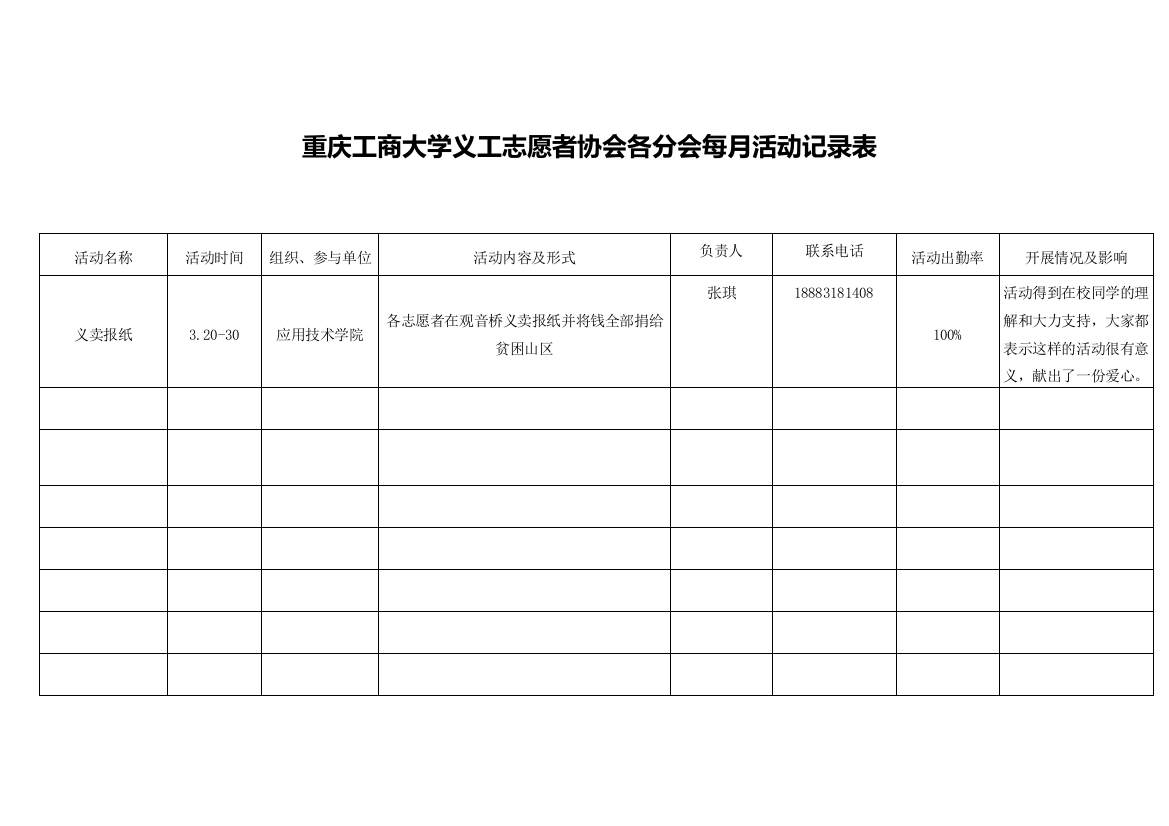 应用技术学院义协3月活动记录表