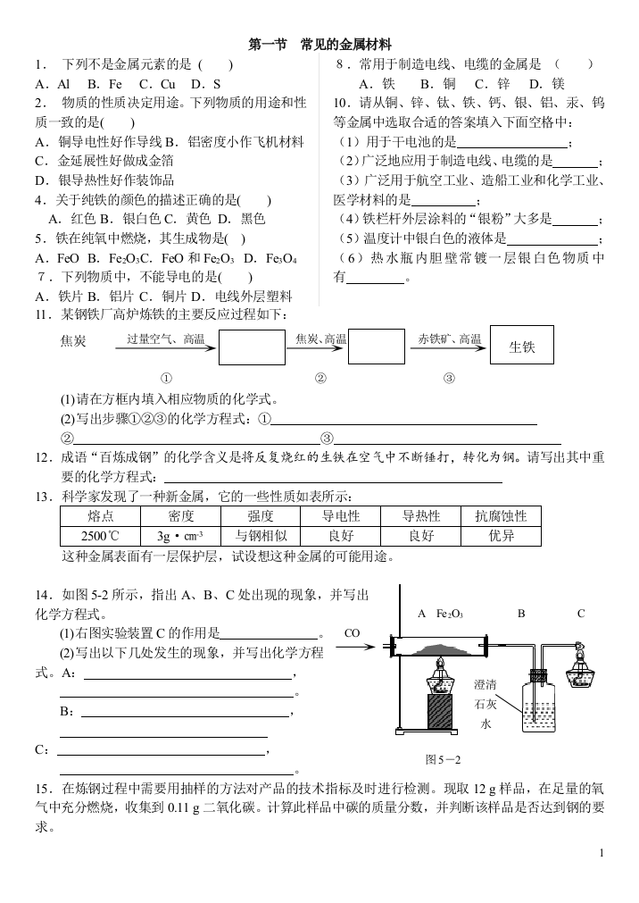 常见的金属材料_习题鲁教版