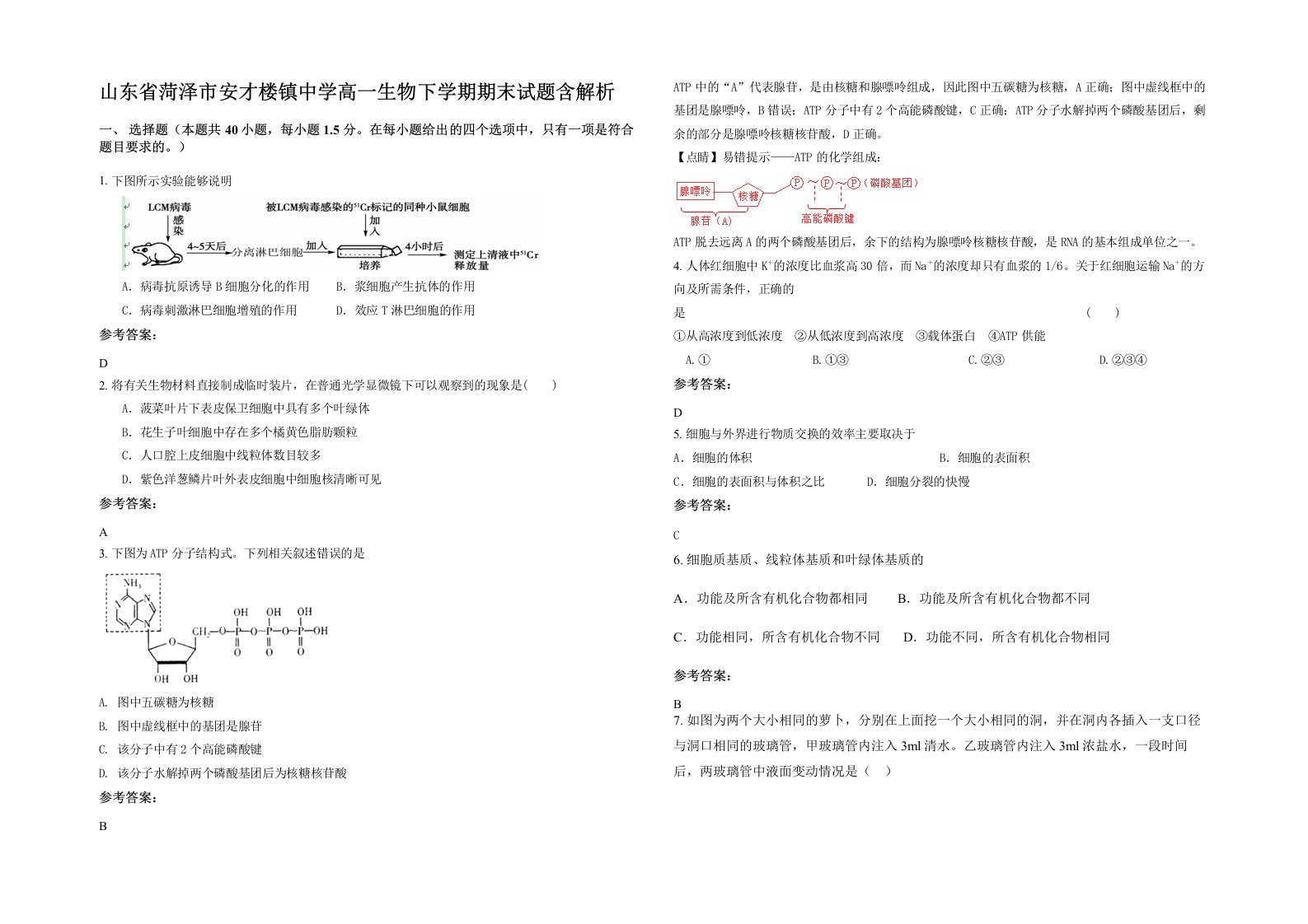 山东省菏泽市安才楼镇中学高一生物下学期期末试题含解析