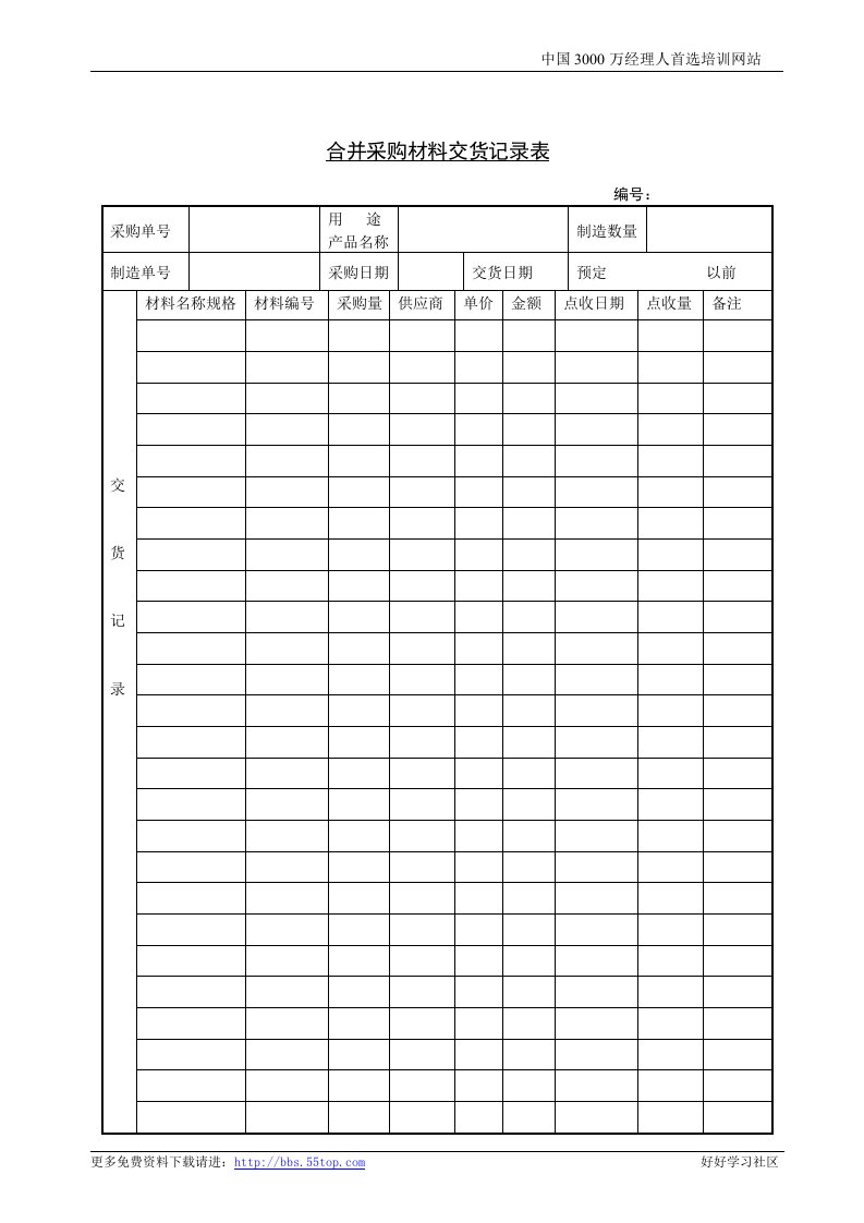 【管理精品】16成批采购材料交货记录表WORD文档