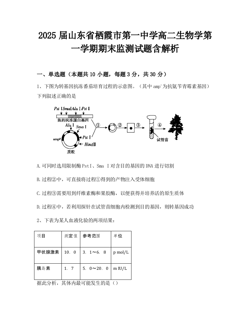 2025届山东省栖霞市第一中学高二生物学第一学期期末监测试题含解析