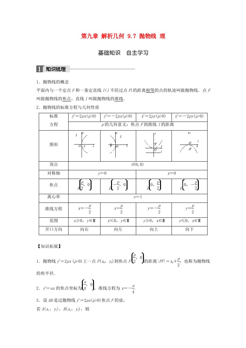 高考数学一轮复习第九章解析几何9.7抛物线理