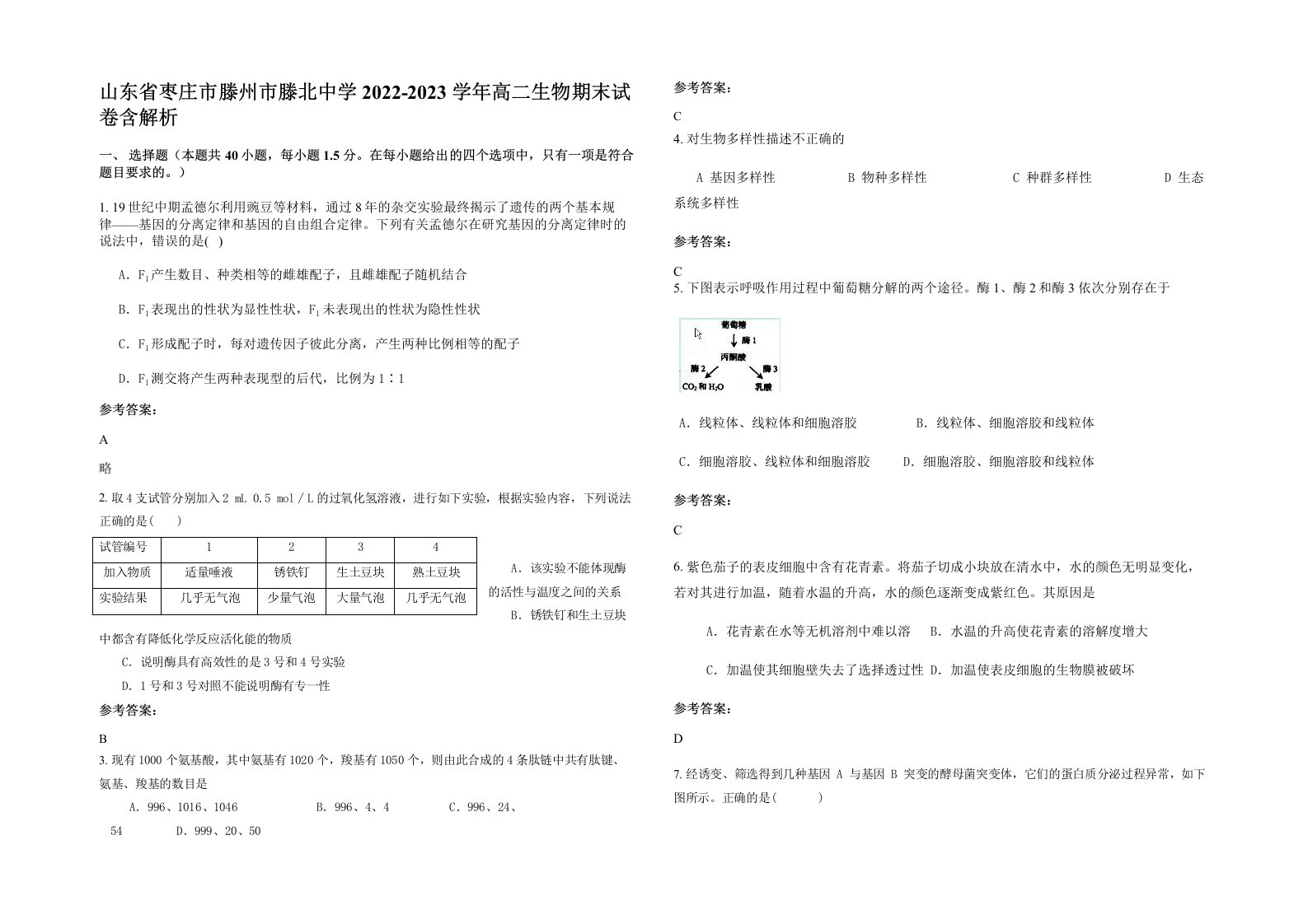 山东省枣庄市滕州市滕北中学2022-2023学年高二生物期末试卷含解析