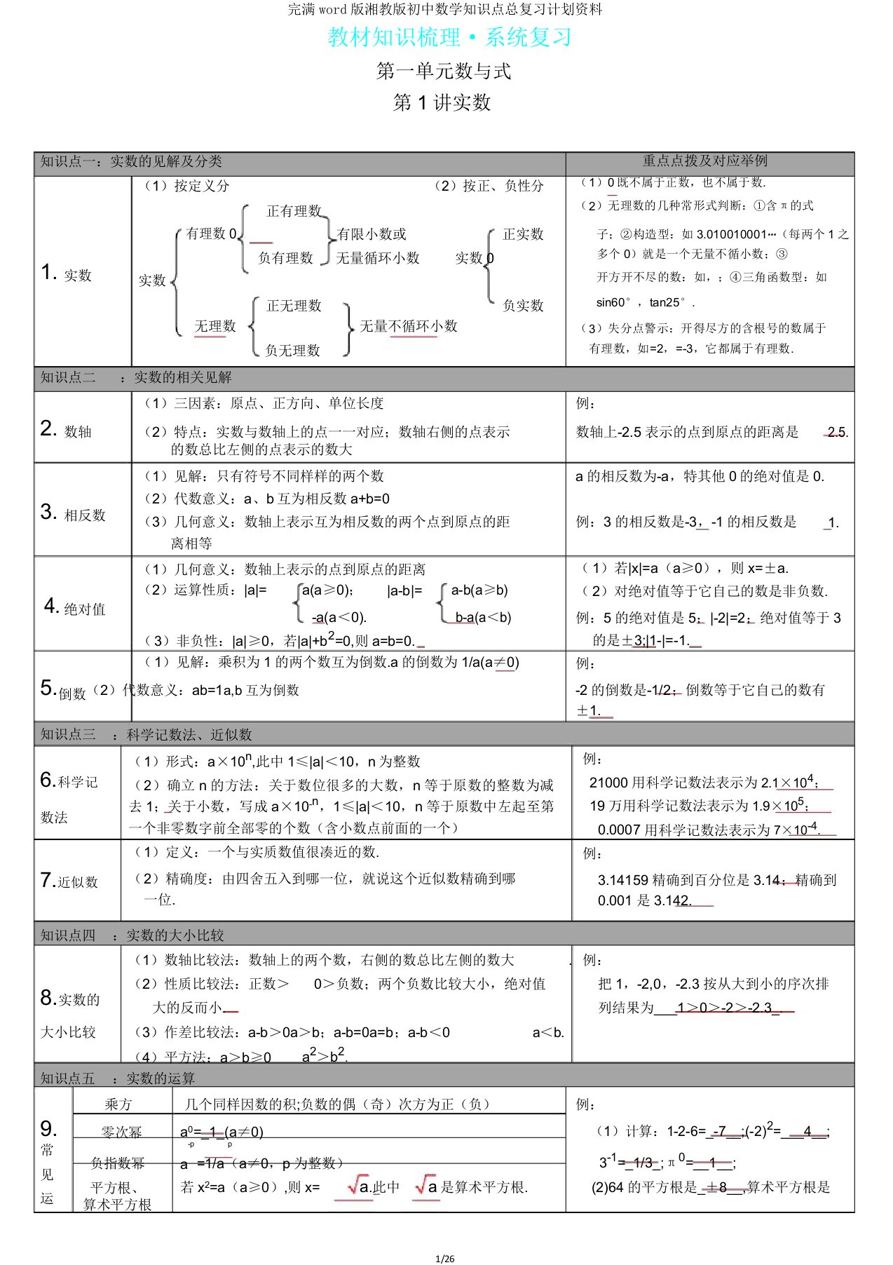 版湘教版初中数学知识点总复习计划资料