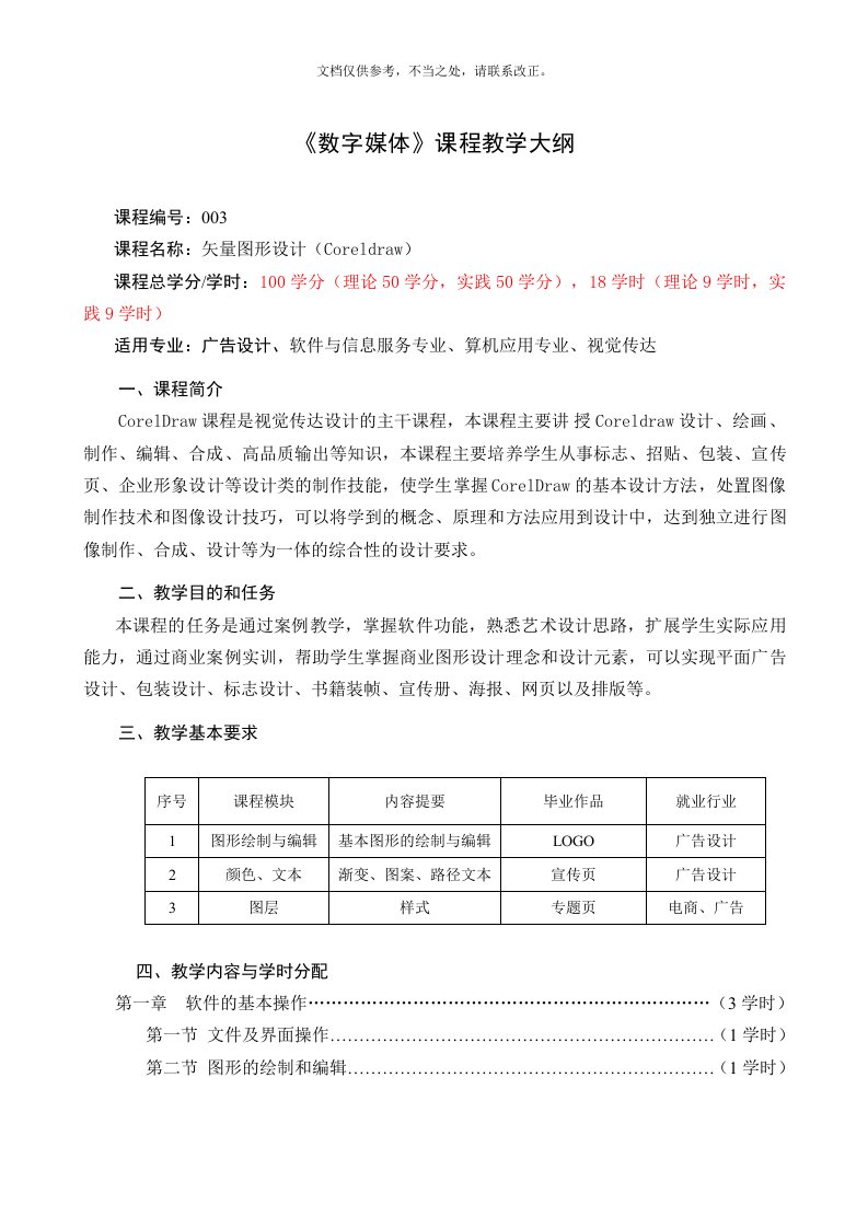 Coreldraw课程教学大纲