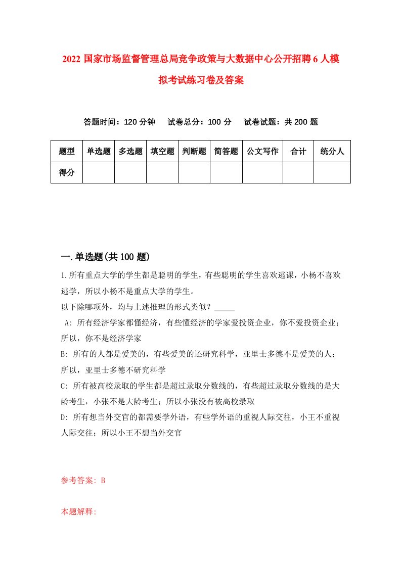 2022国家市场监督管理总局竞争政策与大数据中心公开招聘6人模拟考试练习卷及答案1