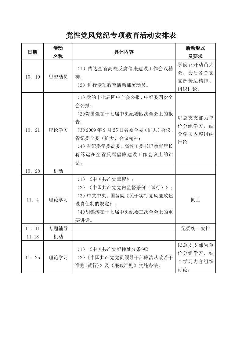 党性党风党纪专项教育活动安排表