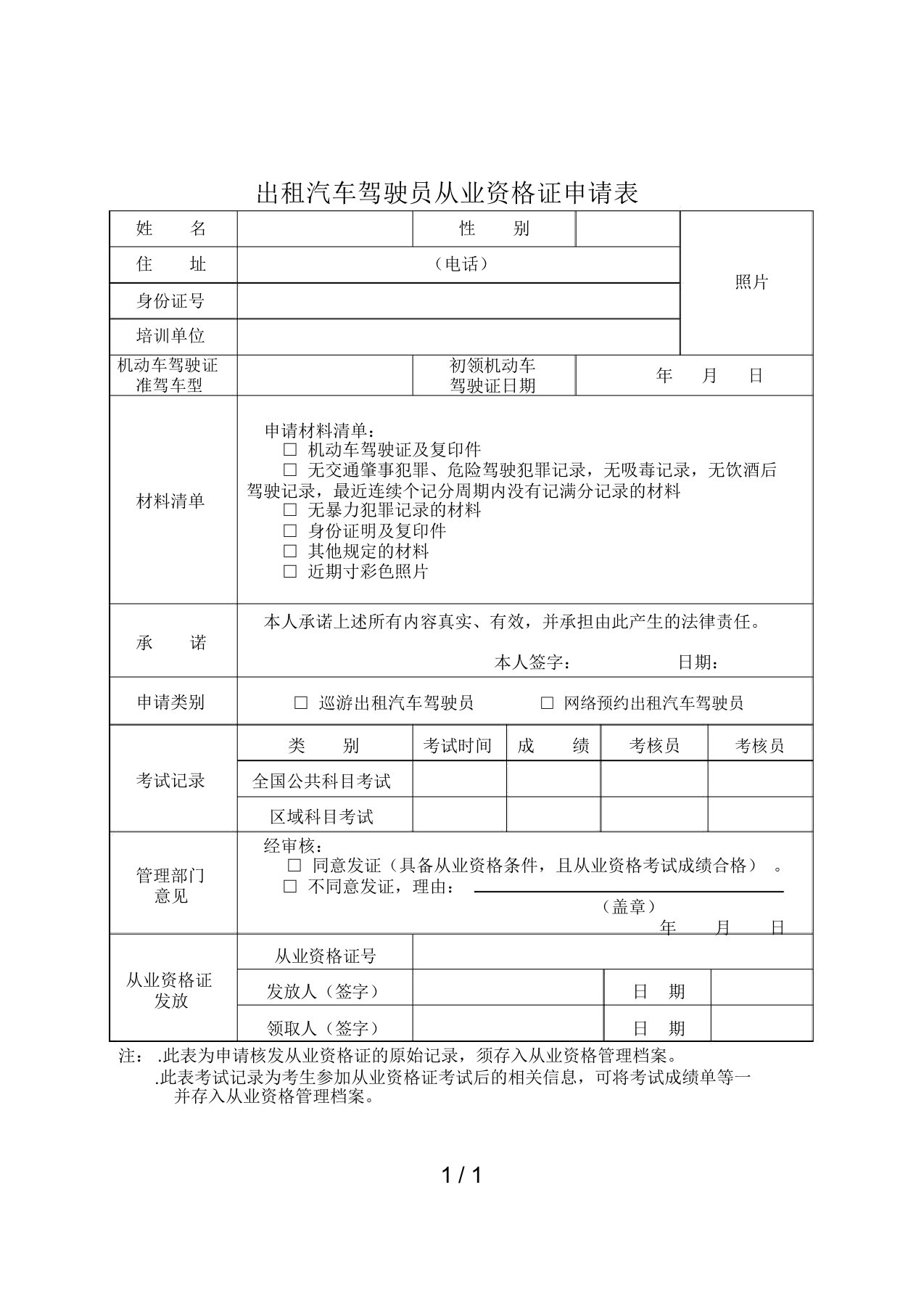 出租汽车驾驶员从业资格证申请表