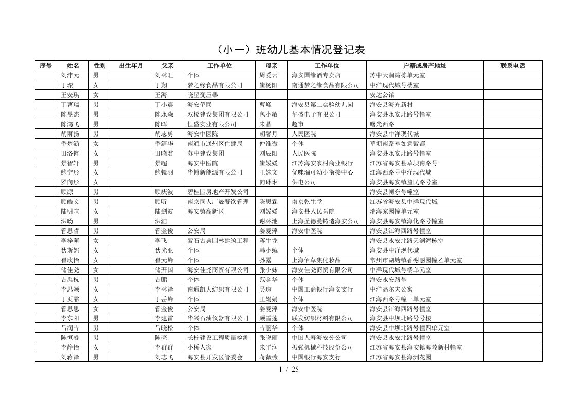 班幼儿基本情况登记表