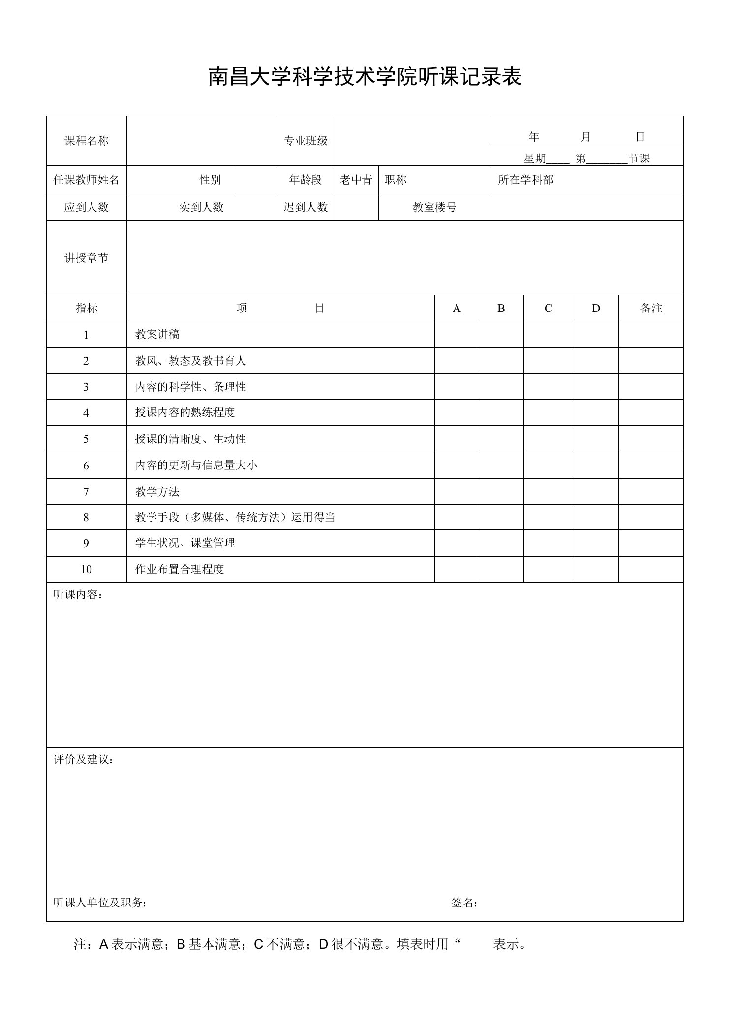 南昌大学科学技术学院听课记录表