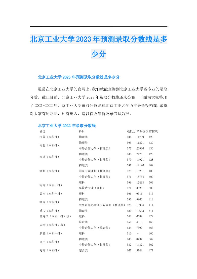 北京工业大学预测录取分数线是多少分