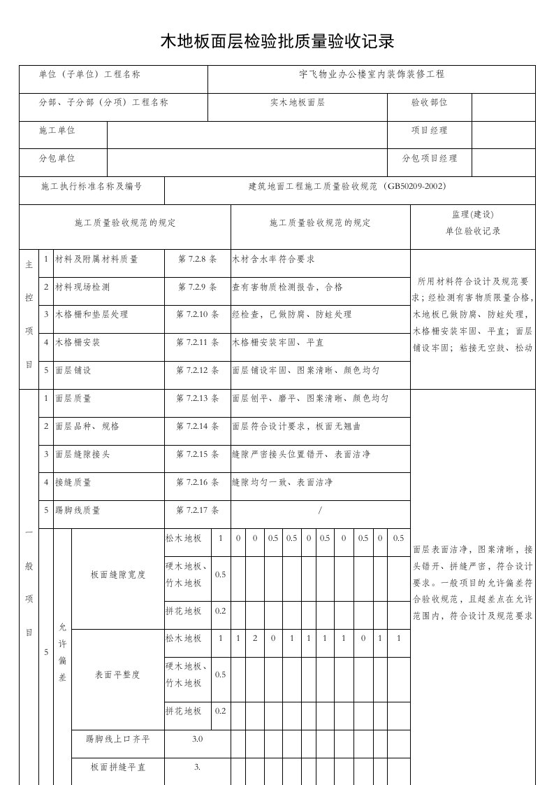 木地板工程验收记录