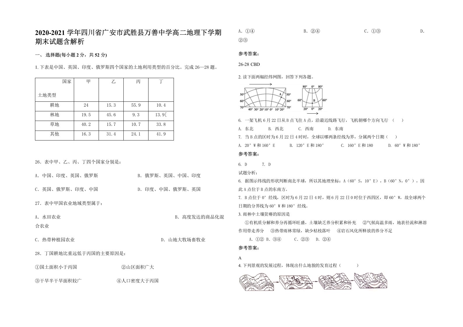 2020-2021学年四川省广安市武胜县万善中学高二地理下学期期末试题含解析