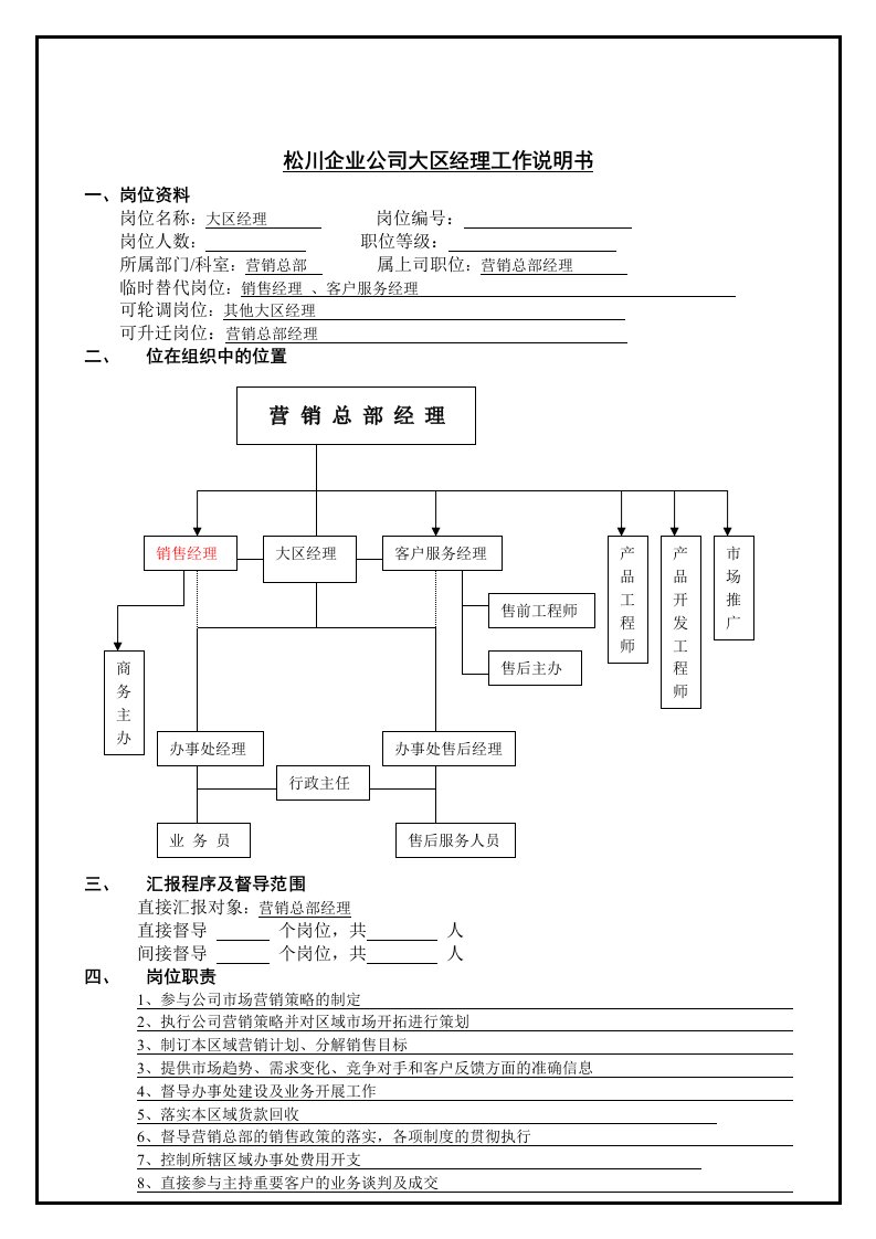 松川企业公司大区经理工作说明书