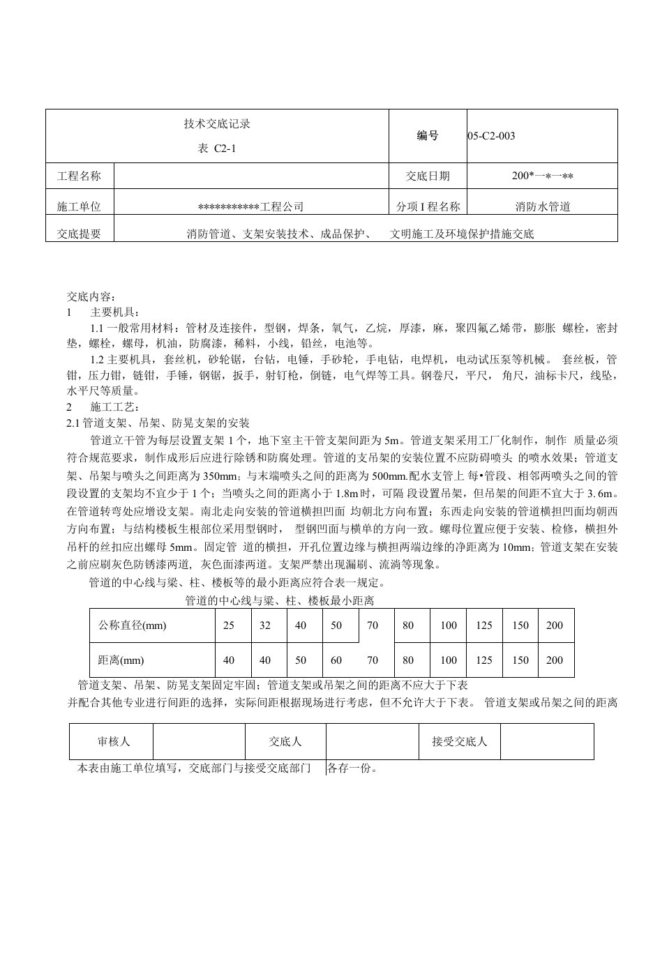 消防管道支架安装技术成品保护文明施工及环境保护措施交底