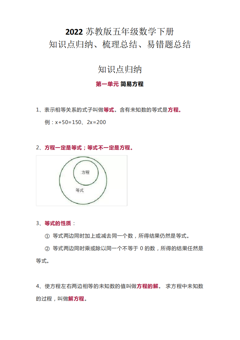 2022苏教版五年级数学下册知识点归纳、梳理总结、易错题归纳