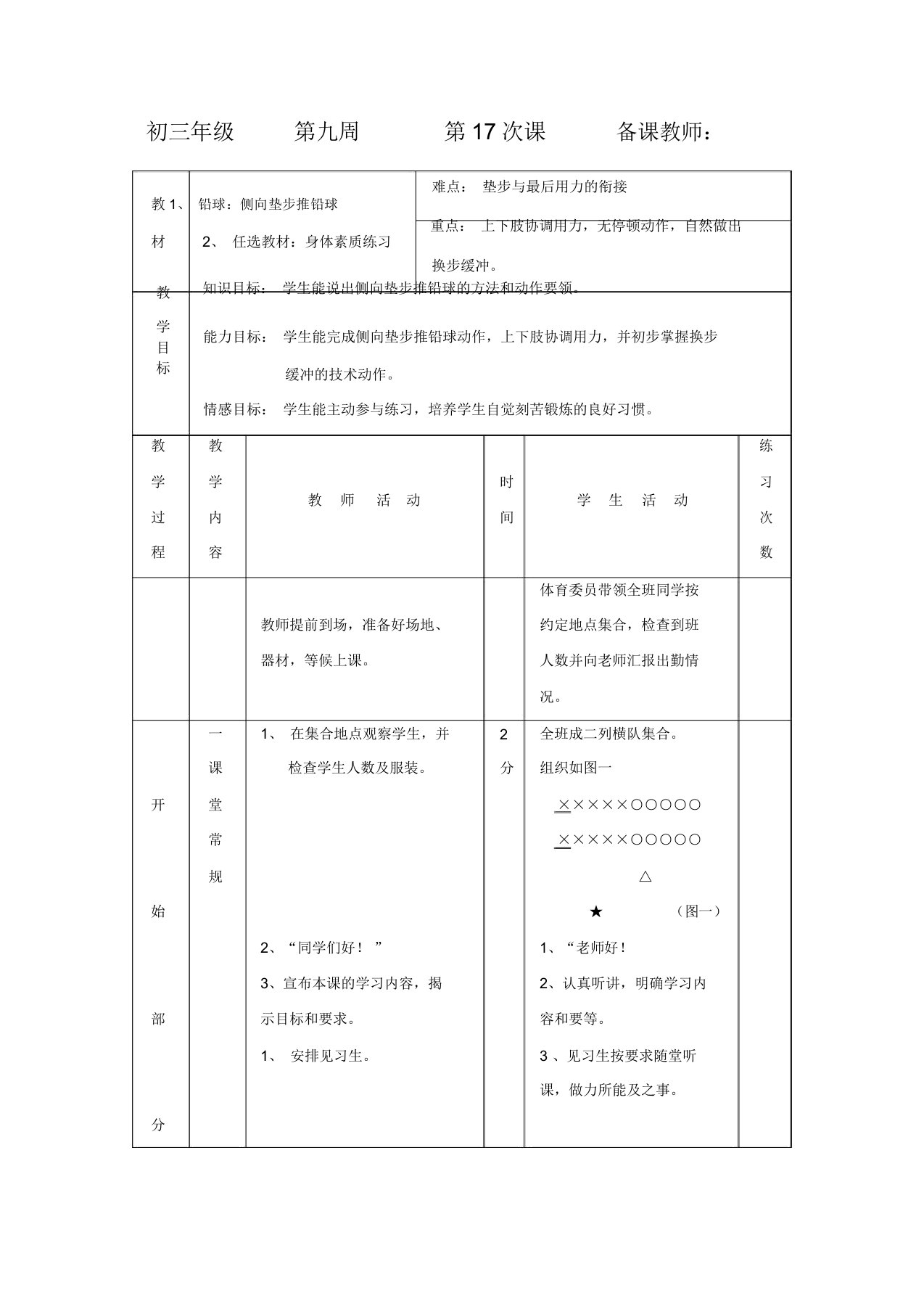 初三体育与健康教案集：铅球：侧向垫步推铅球(2)