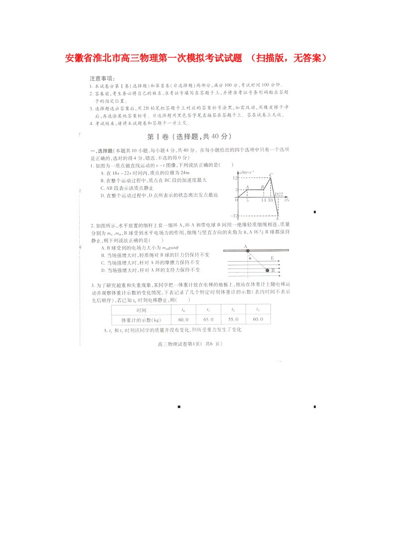 安徽省淮北市高三物理第一次模拟考试试题