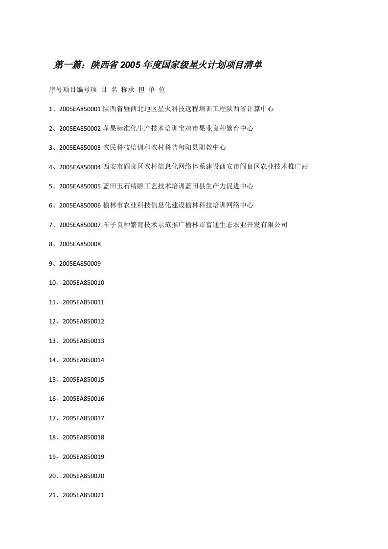 陕西省2005年度国家级星火计划项目清单[修改版]