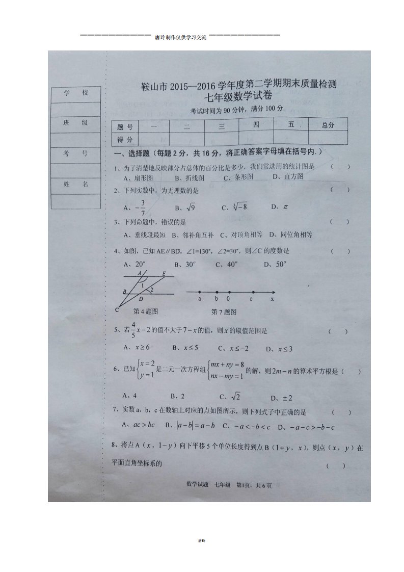 人教七年级下学期期末测试数学试题(扫描版)