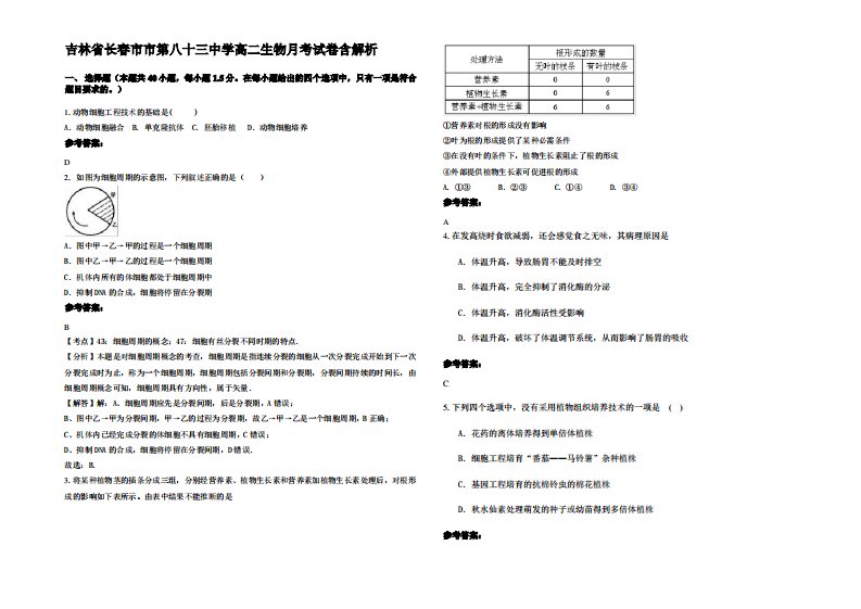 吉林省长春市市第八十三中学高二生物月考试卷含解析