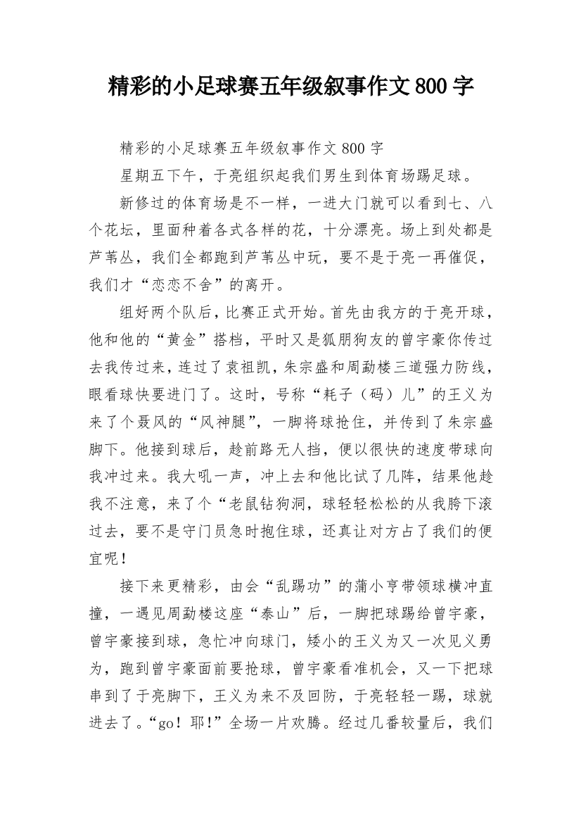 精彩的小足球赛五年级叙事作文800字