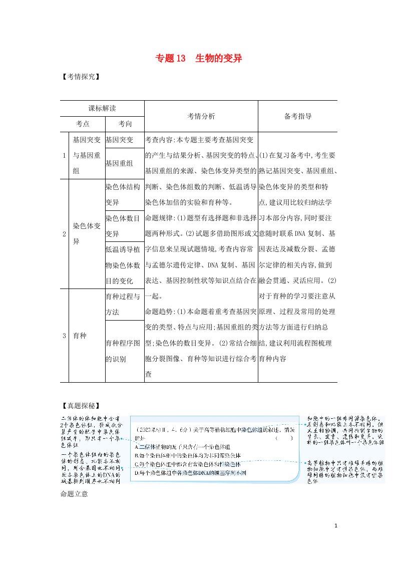 江苏专用2022版高考生物一轮复习专题13生物的变异_基础集训含解析