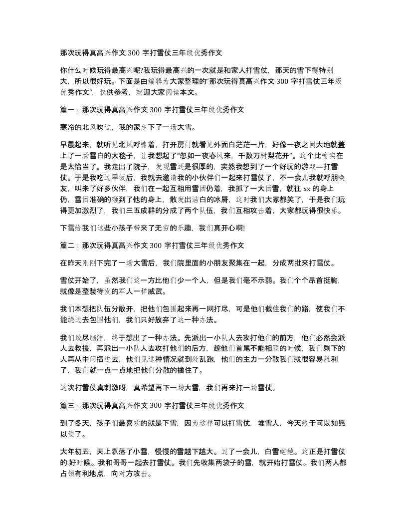 那次玩得真高兴作文300字打雪仗三年级优秀作文