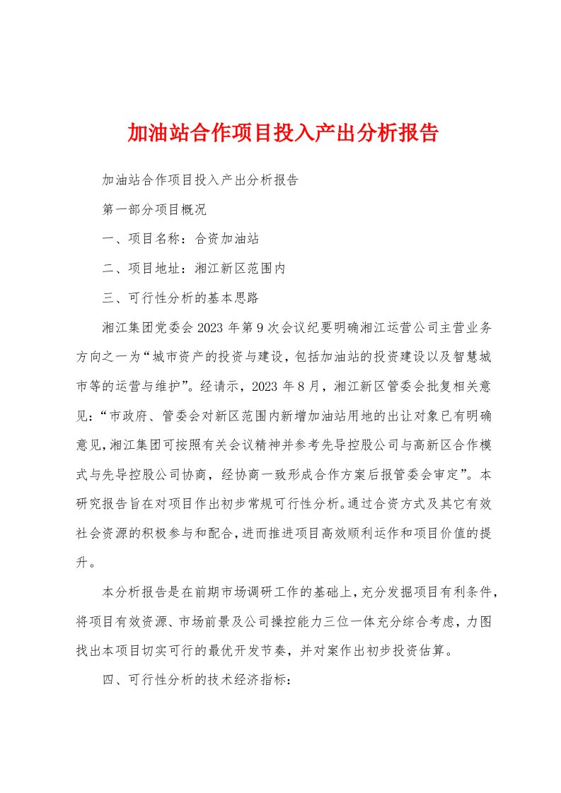 加油站合作项目投入产出分析报告