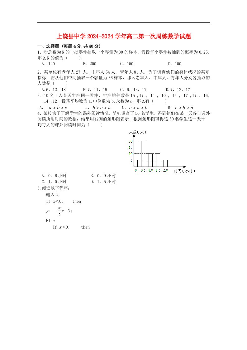 江西省上饶县中学高二数学第一次周练试题(重点班、潜能班、特长班)新人教A版