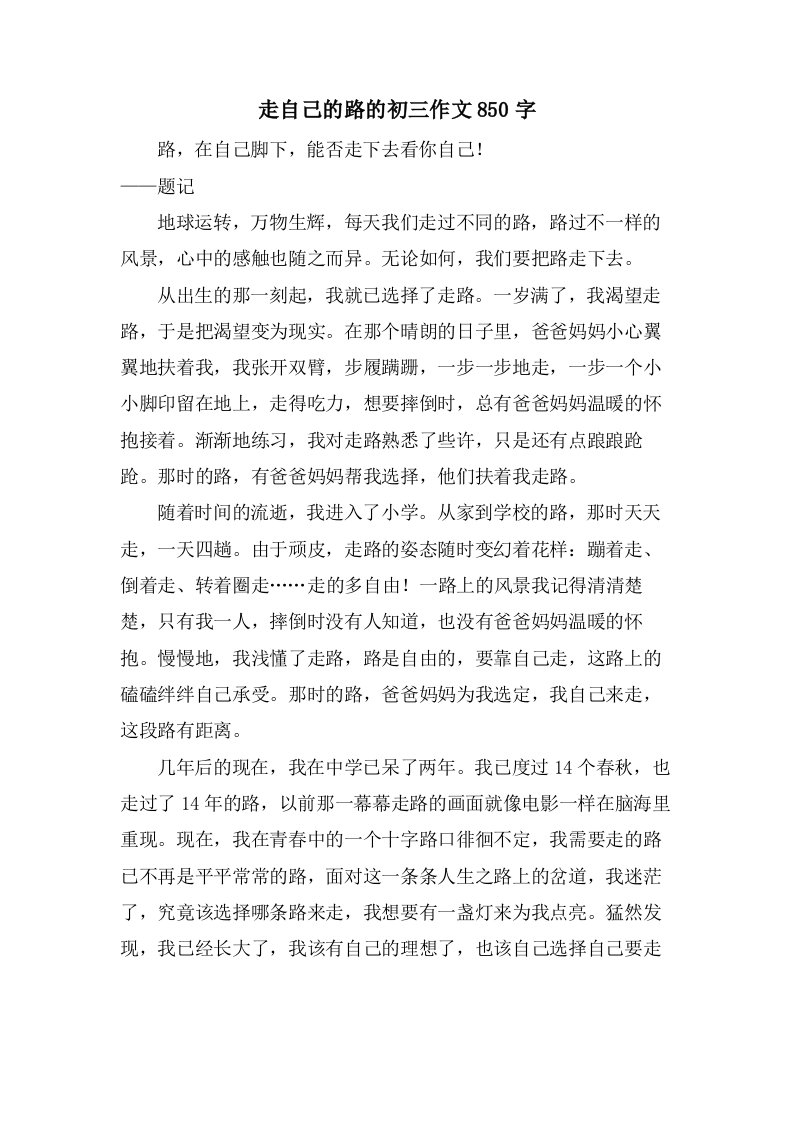 走自己的路的初三作文850字