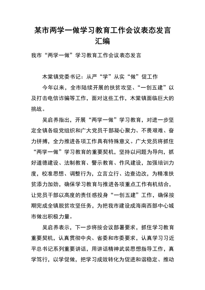 某市两学一做学习教育工作会议表态发言汇编