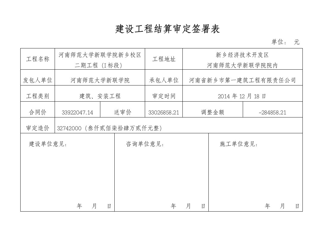 建设工程结算审定签署表