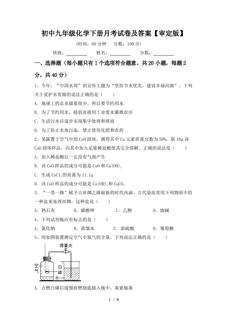 初中九年级化学下册月考试卷及答案审定版