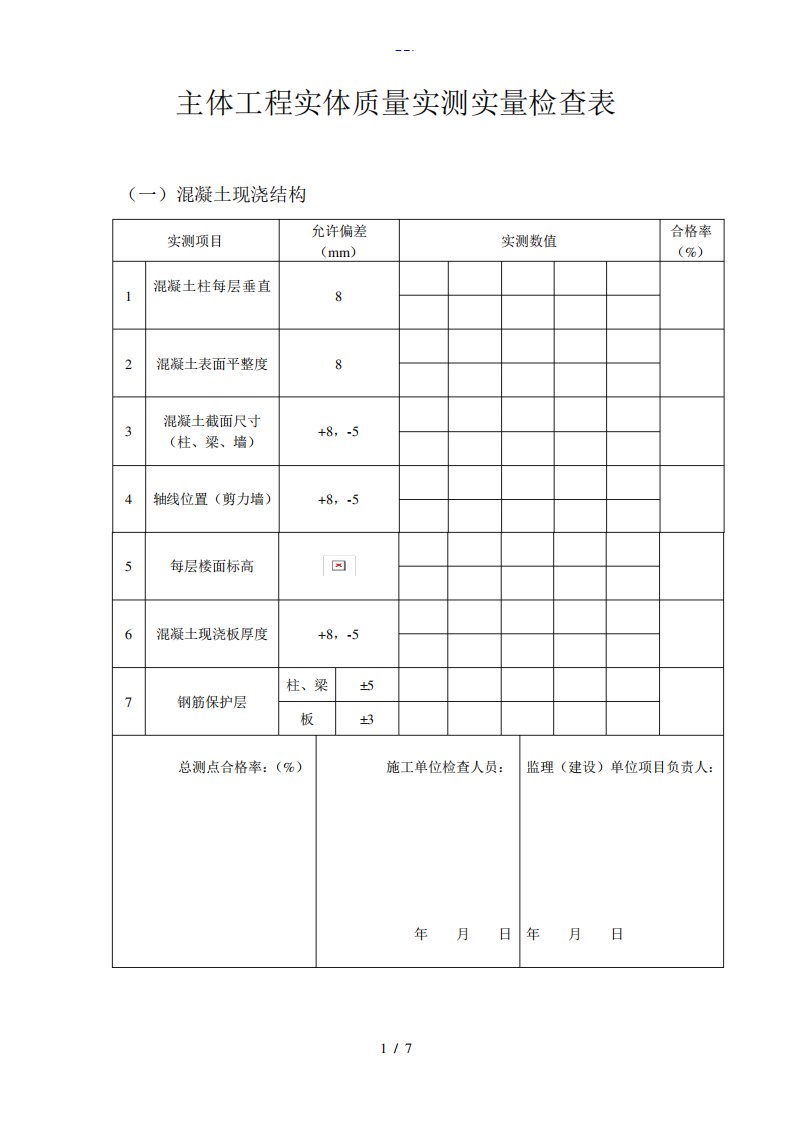 结构工程实体质量实测实量检查表