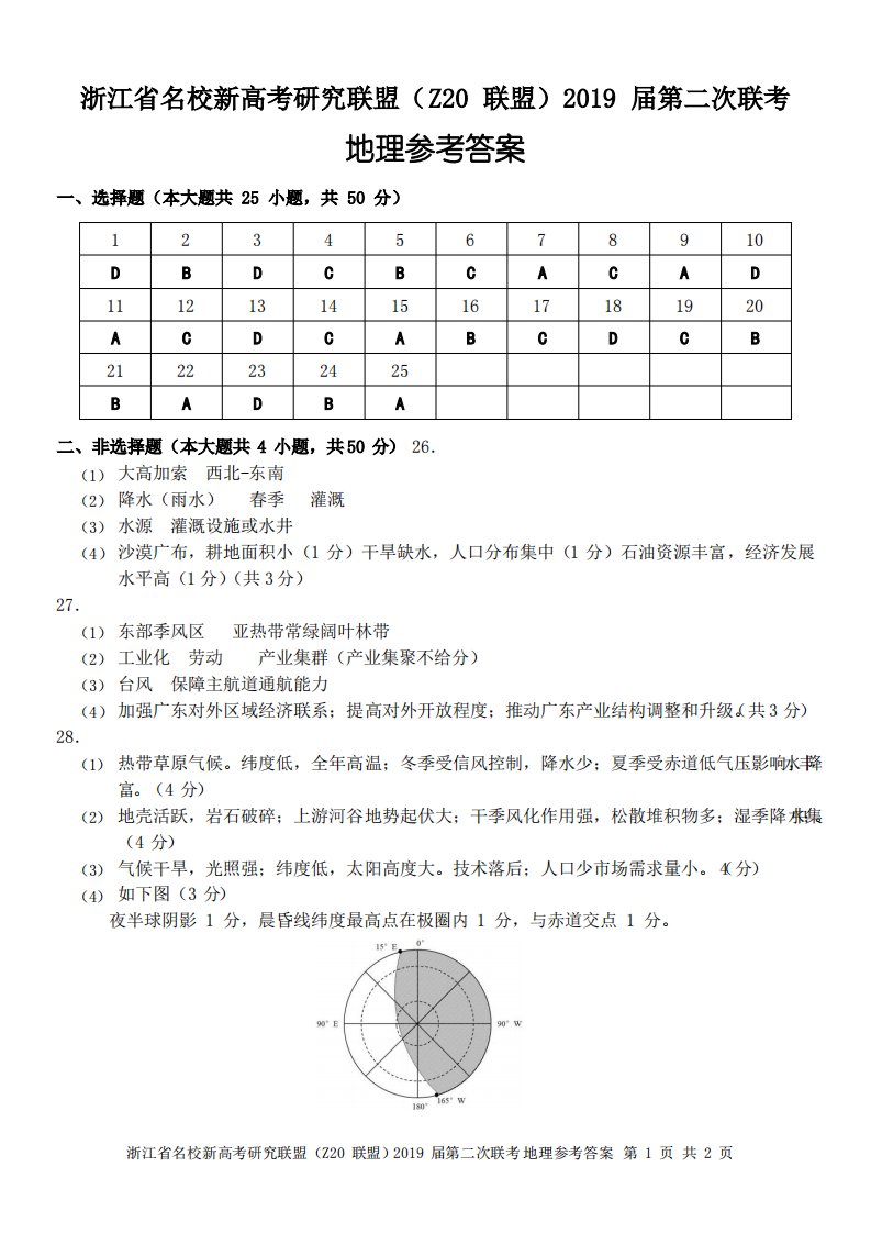 浙江省名校新高考研究联盟(Z20联盟)2019届高三第二次联考地理试题答案