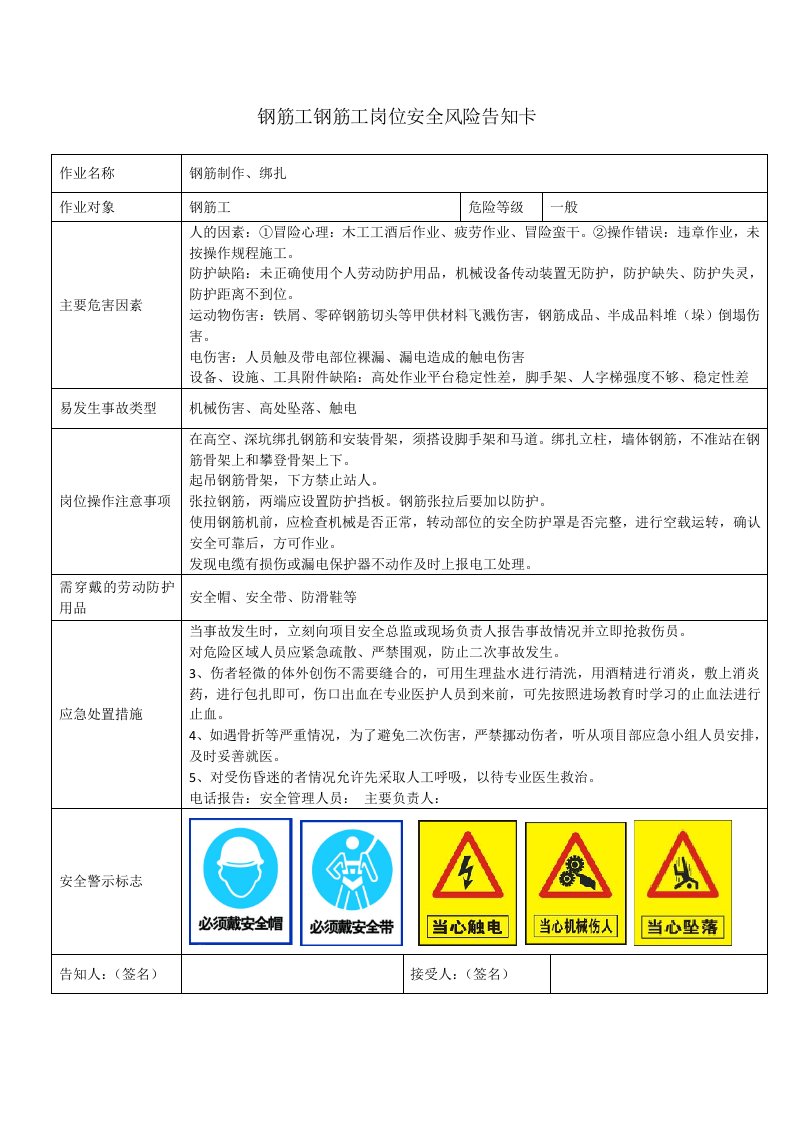 钢筋工钢筋工岗位安全风险告知卡