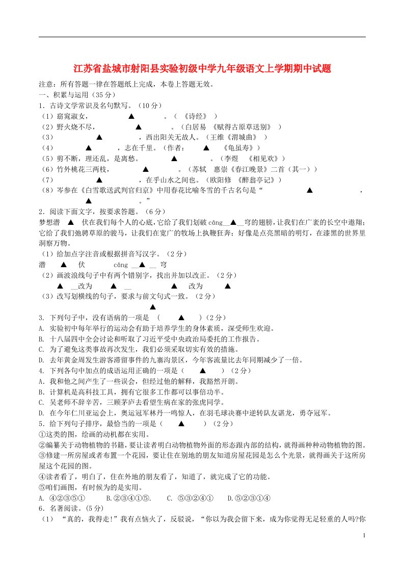 江苏省盐城市射阳县实验初级中学九级语文上学期期中试题