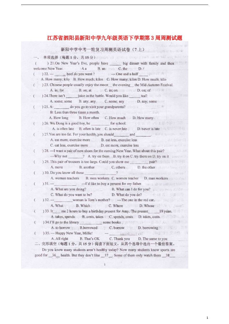 江苏省泗阳县新阳中学九级英语下学期第3周周测试题（扫描版）