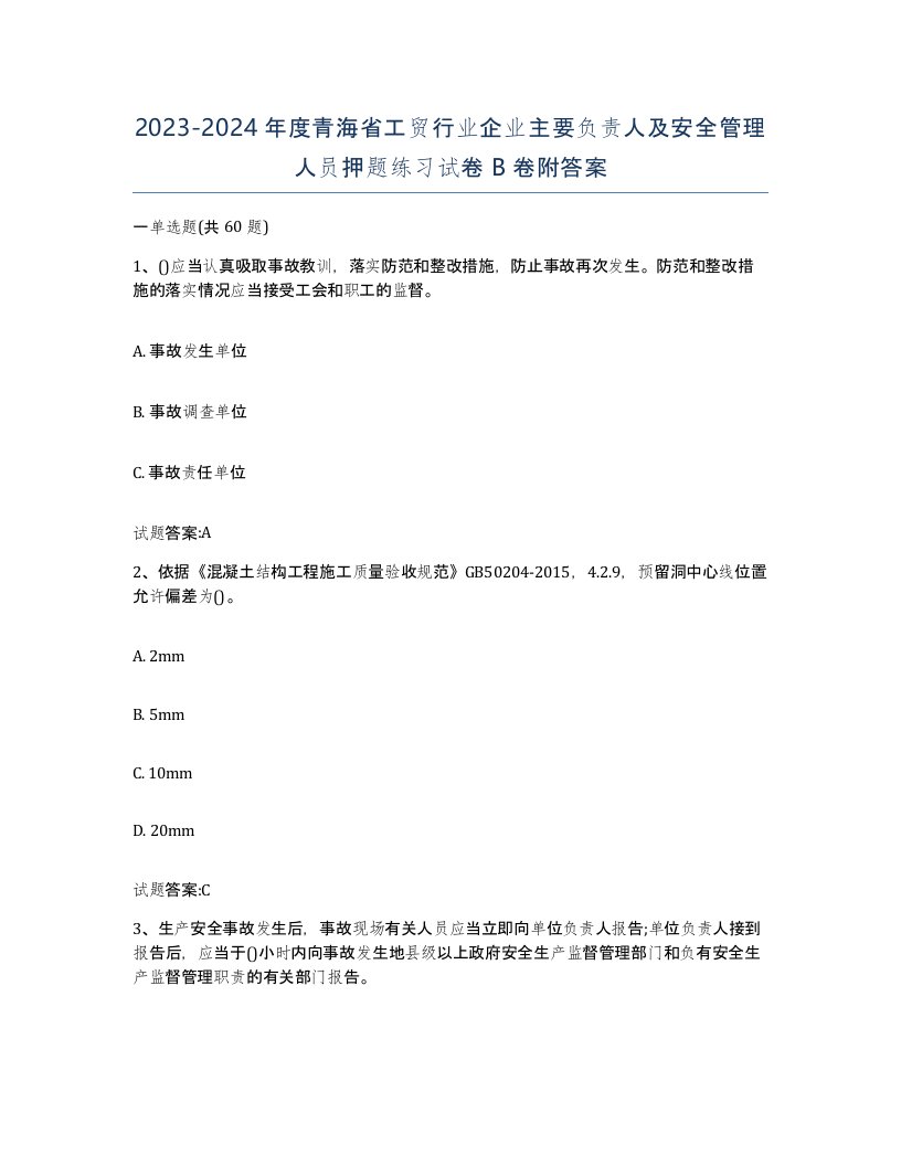 20232024年度青海省工贸行业企业主要负责人及安全管理人员押题练习试卷B卷附答案