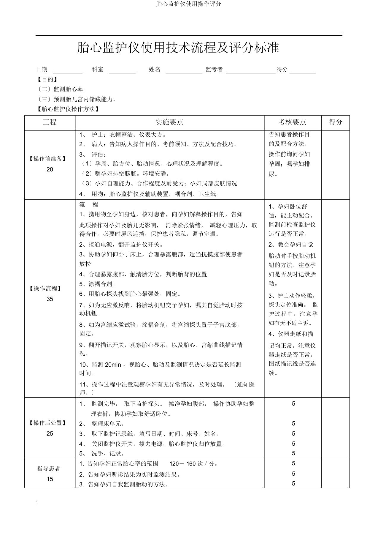 胎心监护仪使用操作评分