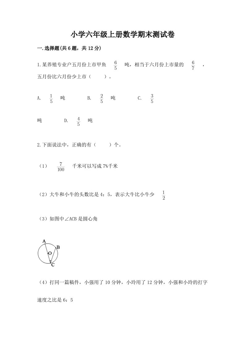 小学六年级上册数学期末测试卷精品【考点梳理】