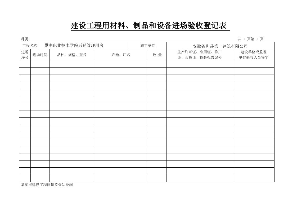 建设工程用材料制品和设备进场验收登记表